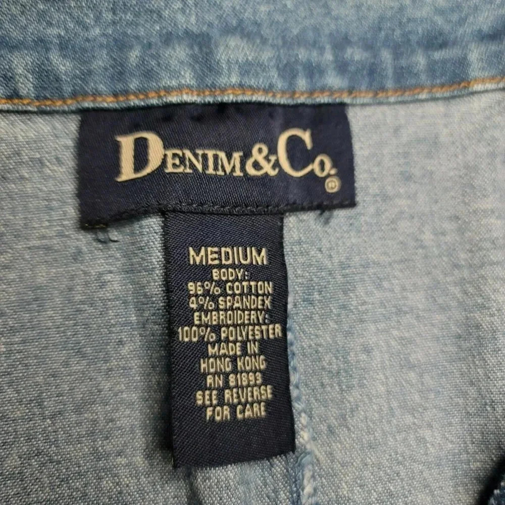 Denim &Co Skirt Maxi M Womens Embroidered Roses Blue Jean Long Pockets slit back - Picture 3 of 11